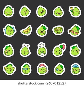 Kawaii cartoon pomelo characters in outline cute expressive style with emotions actions objects accessories food and seasonal holiday elements