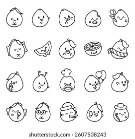 Kawaii cartoon pomelo characters in outline cute expressive style with emotions actions objects accessories food and seasonal holiday elements