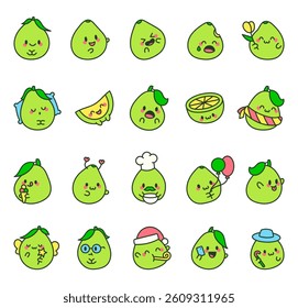 Kawaii cartoon pomelo characters in outline cute expressive style with emotions actions objects accessories food and seasonal holiday elements