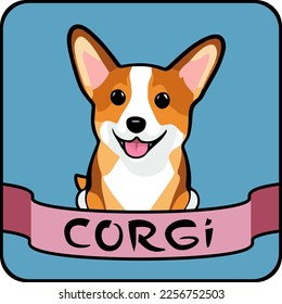 Kawaii cartoon portrait of cute funny corgi dog puppy looking at camera from behind decorative ribbon isolated on blue background. Flat vector graphic illustration.