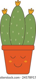 Kawaii Cartoon Potted Cactus on White Background. Vector Illustration