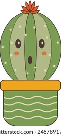 Kawaii Cartoon Potted Cactus on White Background. Vector Illustration