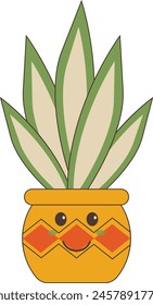 Kawaii Cartoon Potted Cactus on White Background. Vector Illustration