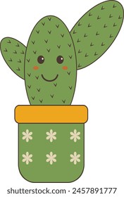 Kawaii Cartoon Potted Cactus on White Background. Vector Illustration