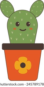 Kawaii Cartoon Potted Cactus on White Background. Vector Illustration