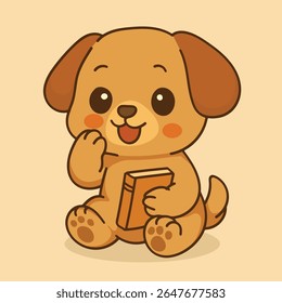 Kawaii Cartoon Puppy Holding Book While Sitting. Hand drawing vector illustration