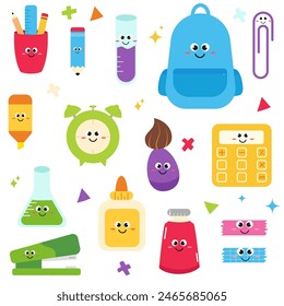 Kawaii cartoon school supplies characters collection. Flat doodle style school stationery

