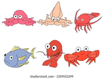 kawaii cartoon sea food set 