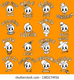 Kawaii cartoon set skulls logo icon