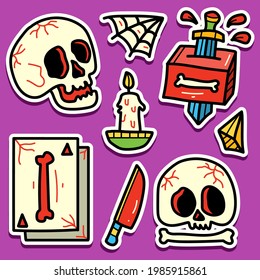 kawaii cartoon skull tattoo sticker vector design