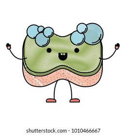 kawaii cartoon sponge with bubbles of soap in colored crayon silhouette