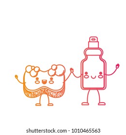 kawaii cartoon sponge and detergent bottle holding hands in degraded yellow to magenta silhouette