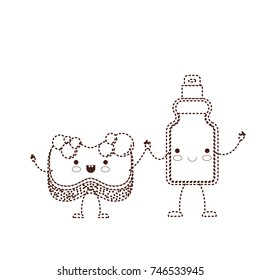 kawaii cartoon sponge and detergent bottle holding hands in brown dotted silhouette vector illustration