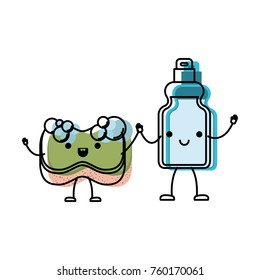 kawaii cartoon sponge and detergent bottle holding hands in colorful watercolor silhouette