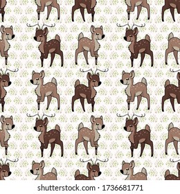 Kawaii cartoon stag and deer seamless pattern. Cute doe animal flat color background. Childish hand drawn doodle style. For baby nursery decor, boho kids fashion, woodland swatch.