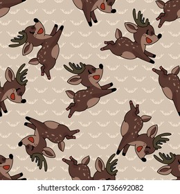 Kawaii cartoon stag deer seamless pattern. Cute doe animal flat color background. Childish hand drawn doodle style. For baby nursery decor, boho kids fashion, woodland swatch.