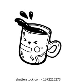 Kawaii cartoon style doodle character, splashed coffee or tea cup. Emoticon face icon. Hand drawn black ink illustration isolated on white background. Nursery decoration, print, card. Vector