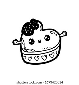 Kawaii cartoon style doodle character strawberry cake shape heart. Emoticon face icon. Nursery decoration, hand drawn black ink illustration isolated on white background. Vector