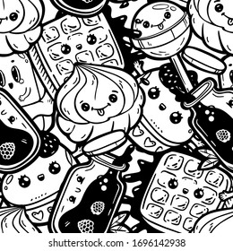Kawaii cartoon style doodle characters, funny seamless pattern. Emoticon face icon. Hand drawn black ink illustration isolated on white background. Nursery decoration, print, textile. Vector