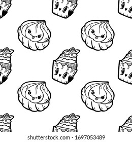 Kawaii cartoon style doodle characters cakes and zephyr, funny seamless pattern. Emoticon face icon. Hand drawn black ink illustration isolated on white background. Nursery print, textile. Vector