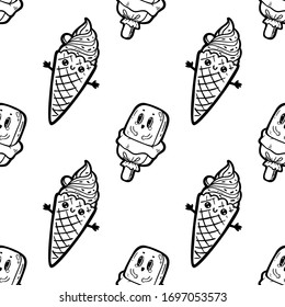 Kawaii cartoon style doodle characters sweet tasty ice-cream, funny seamless pattern. Emoticon face icon. Hand drawn black ink illustration isolated on white background. Nursery print, textile. Vector