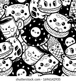 Kawaii cartoon style doodle sweety characters, funny seamless pattern. Emoticon face icon. Hand drawn black ink illustration isolated on white background. Nursery decoration, print, textile. Vector
