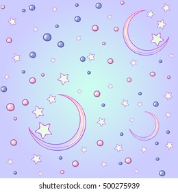 Kawaii cartoon style night sky with stars and moon crescent. Festive seamless pattern. Pastel goth palette. Cute girly style art. EPS10 vector illustration