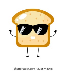 Kawaii cartoon toast bread icon. Character of sliced toast bread. chibi. Illustration emoji bread man in flat style. thumb up, stylist, sunglasses