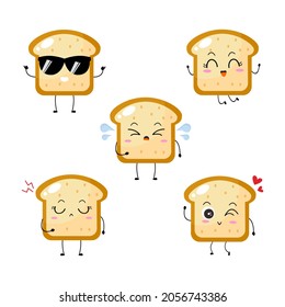 Kawaii cartoon toast bread icon. Character of sliced toast bread. chibi. Illustration emoji bread man in flat style. set of cute collection