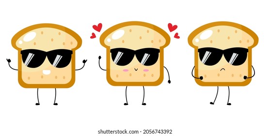 Kawaii cartoon toast bread icon. Character of sliced toast bread. chibi. Illustration emoji bread man in flat style. adorable sunglasses style