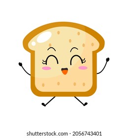 Kawaii Cartoon Toast Bread Icon. Character Of Sliced Toast Bread. Chibi. Illustration Emoji Bread Man In Flat Style. Happy Jump