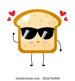 Kawaii cartoon toast bread icon. Character of sliced toast bread. chibi. Illustration emoji bread man in flat style. lovely with sunglasses