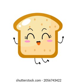 Kawaii Cartoon Toast Bread Icon. Character Of Sliced Toast Bread. Chibi. Illustration Emoji Bread Man In Flat Style. Jumping Time