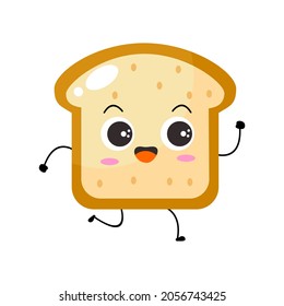 Kawaii Cartoon Toast Bread Icon. Character Of Sliced Toast Bread. Chibi. Illustration Emoji Bread Man In Flat Style. Happy Run