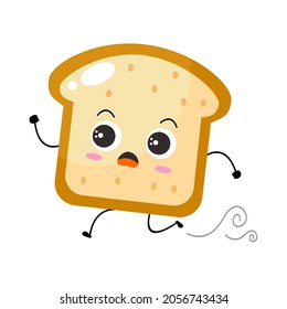 Kawaii Cartoon Toast Bread Icon. Character Of Sliced Toast Bread. Chibi. Illustration Emoji Bread Man In Flat Style. Panic Run