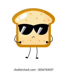 Kawaii Cartoon Toast Bread Icon. Character Of Sliced Toast Bread. Chibi. Illustration Emoji Bread Man In Flat Style. Sunglasses Style