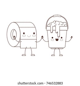 kawaii cartoon toilet paper roll and bucket with soapy water holding hands in brown dotted silhouette vector illustration