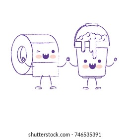 kawaii cartoon toilet paper roll and bucket with soapy water holding hands in purple blurred silhouette vector illustration