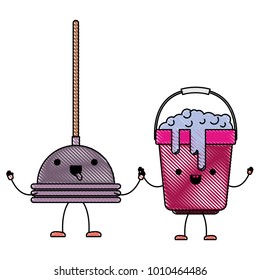 kawaii cartoon toilet pump and bucket with soapy water holding hands in colored crayon silhouette