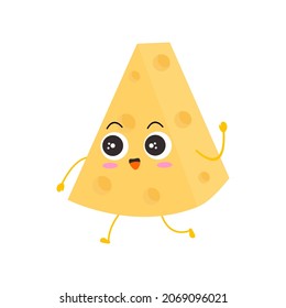 Kawaii cartoon of triangular cheese slice. Character of cute sliced cheese. chibi mascot. Illustration emoji cheese in flat style. walking, happy