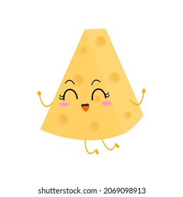 Kawaii cartoon of triangular cheese slice. Character of cute sliced cheese. chibi mascot. Illustration emoji cheese in flat style. jump, happy