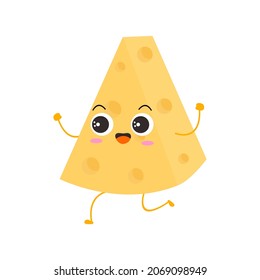 Kawaii cartoon of triangular cheese slice. Character of cute sliced cheese. chibi mascot. Illustration emoji cheese in flat style. happy celebration run