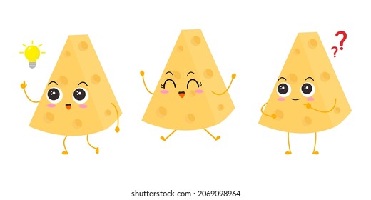 Kawaii cartoon of triangular cheese slice. Character of cute sliced cheese. chibi mascot. Illustration emoji cheese in flat style. collection of cute expression. triplet 3