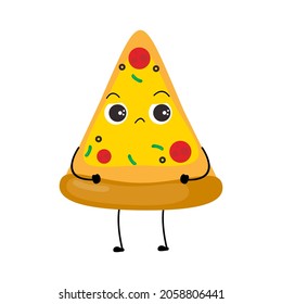 Kawaii cartoon triangular pizza slice icon. Character of cute sliced pizza bread. chibi. Illustration emoji bread man in flat style. sad, upset