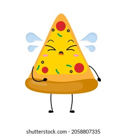 Kawaii cartoon triangular pizza slice icon. Character of cute sliced pizza bread. chibi. Illustration emoji bread man in flat style. sad, cry, expression