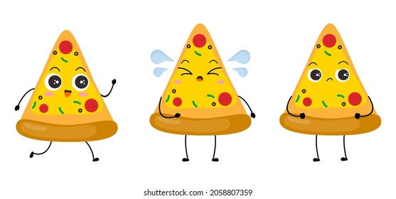 Caricatura de Kawaii icono de la porción triangular de pizza. Carácter de pan de pizza en lona lindo. chibi. Ilustración del hombre de pan emotiji en estilo plano. colección adorable