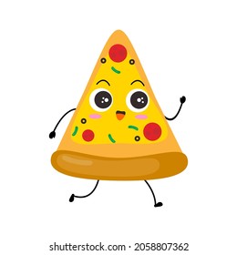 Kawaii cartoon triangular pizza slice icon. Character of cute sliced pizza bread. chibi. Illustration emoji bread man in flat style. walking, happy