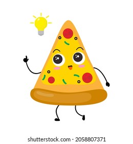 Kawaii cartoon triangular pizza slice icon. Character of cute sliced pizza bread. chibi. Illustration emoji bread man in flat style. smart, get idea, bulp