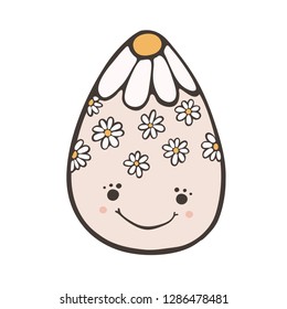 Kawaii cartoon vector decorated Easter egg with daisy flowers and smiling face. Hand drawn cute food illustration. Happy spring christian holiday motif element in pink, white, yellow flat color.