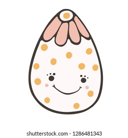 Kawaii cartoon vector decorated Easter egg with polka dots and smiling face. Hand drawn cute illustration. Happy spring christian holiday motif element in pink, white, yellow flat color.
